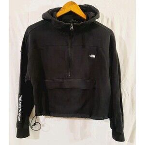 Northface Womens XS Cropped Hooded Front Pouch 1/4 Zip Sweatshirt Black